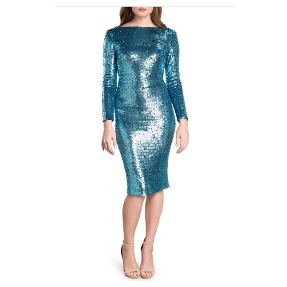 Dress the Population Emery Dress Ice Blue Sequin Long Sleeve Metallic Cocktail - Picture 5 of 17